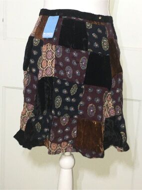 Free People Patchwork Velvet Paisley Skirt - Black, Brown & Burgundy